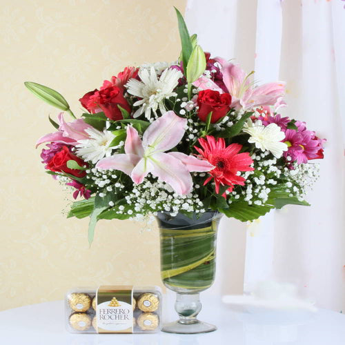 Ferrero Rocher Chocolate with Seasonal Flowers Vase