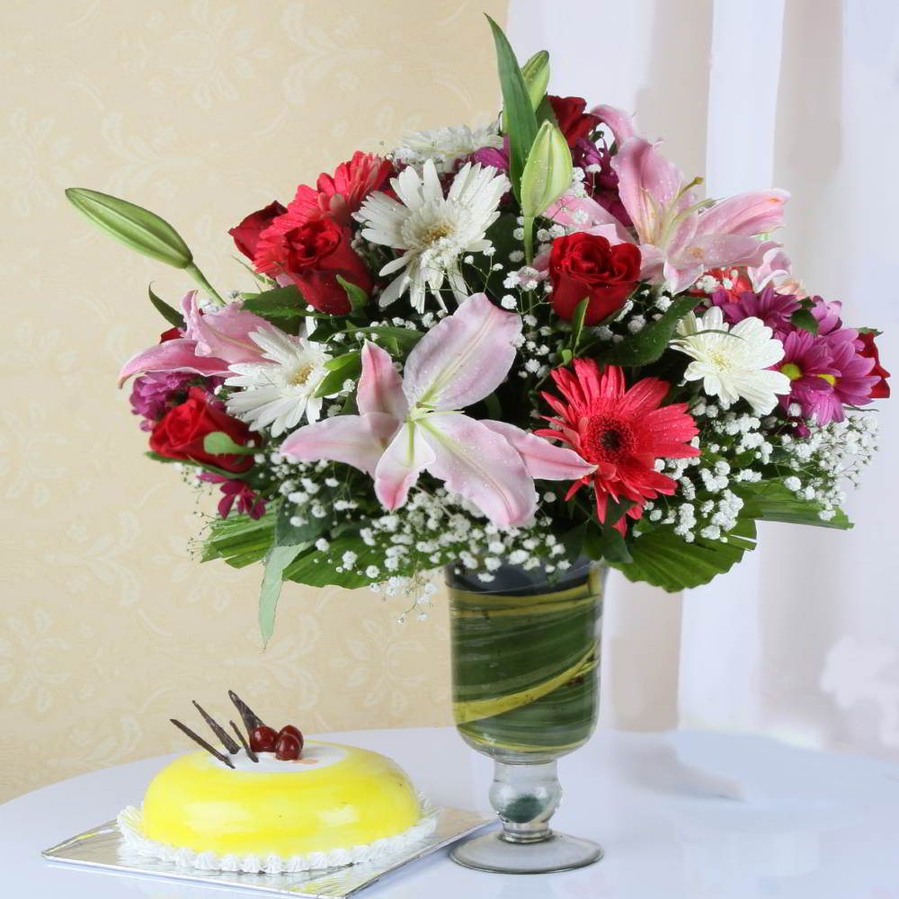 Pineapple Cake with Seasonal Flowers in Vase