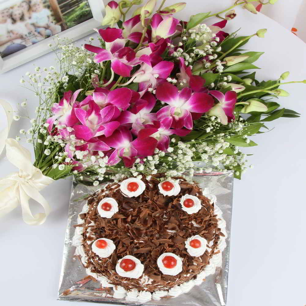 Black Forest Cake and Bouquet of 6 Purple Orchids