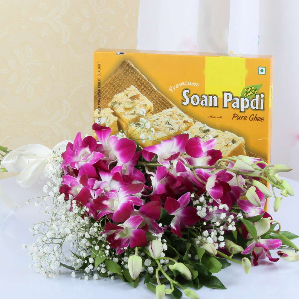 Purple Orchids Bouquet with Soan Papdi