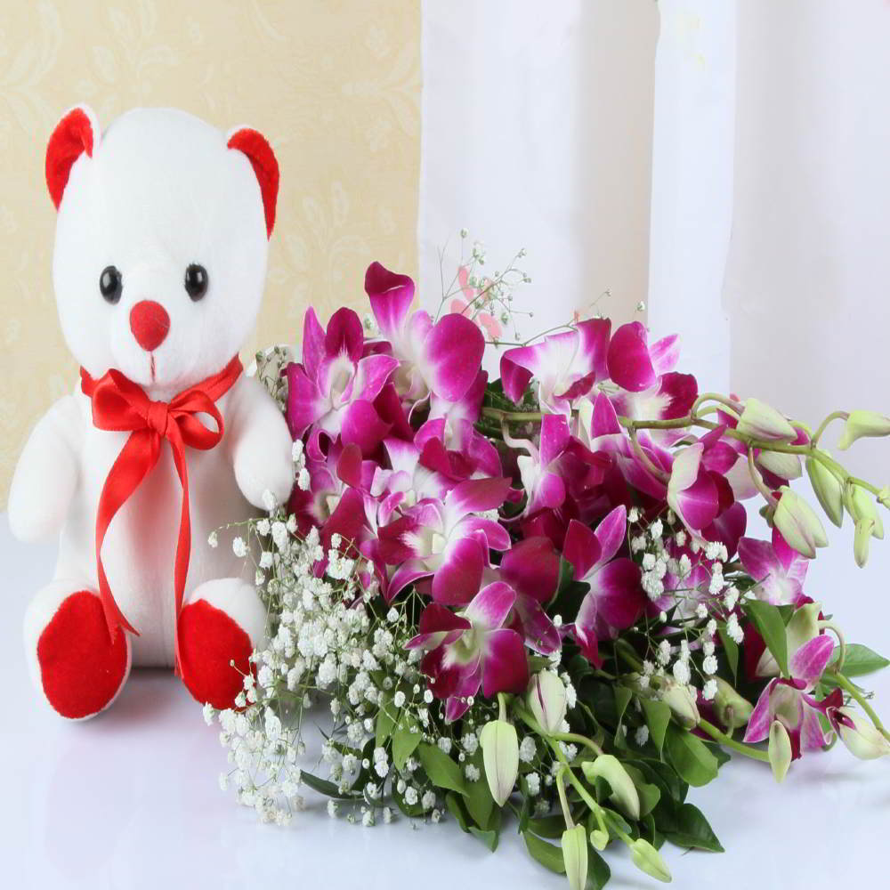 Orchids Bouquet with Teddy Bear