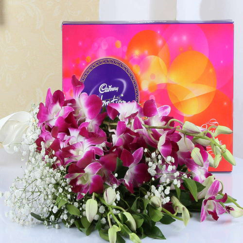 Bouquet of Six Purple Orchids with Cadbury Celebration Chocolate Pack