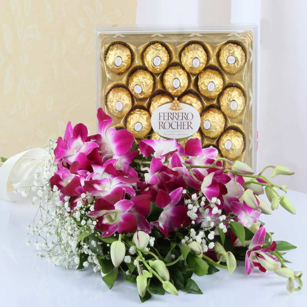 Exclusive Ferrero Rocher Chocolate with Orchids Bouquet