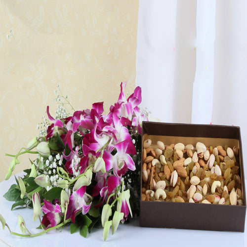 Assorted Dry Fruits with Orchids Bouquet
