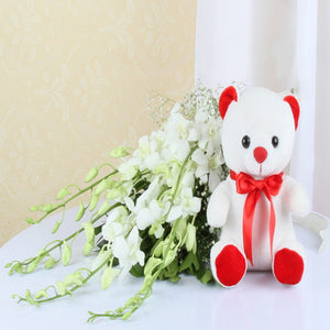 Six inch Teddy Bear with White Orchids Bouquet