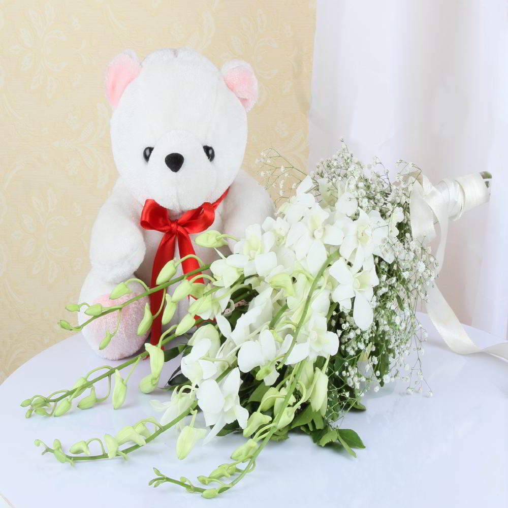 Twelve inch Teddy Bear with White Orchids Bouquet