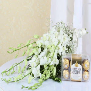 White Orchids Bouquet with Ferrero Rocher Chocolate