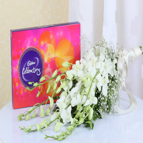 Cadbury Celebration Chocolate with White Orchids Bouquet.