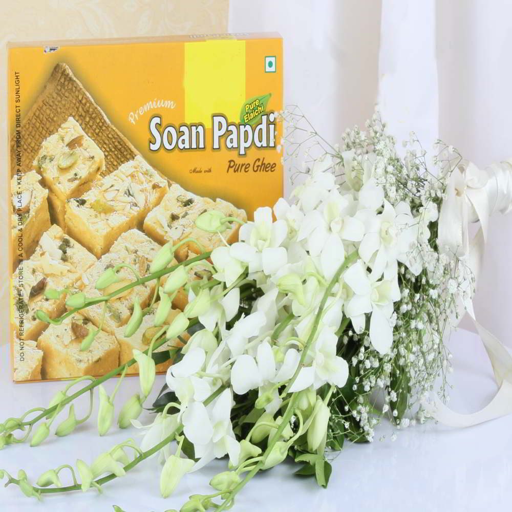 Soan Papdi with White Orchids Bouquet