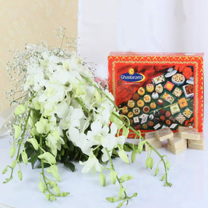 Kaju Katli with Orchids Bouquet