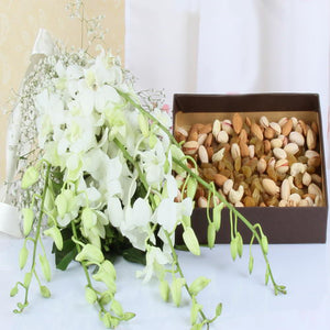 Assorted Dry Fruits and White Orchids Bouquet