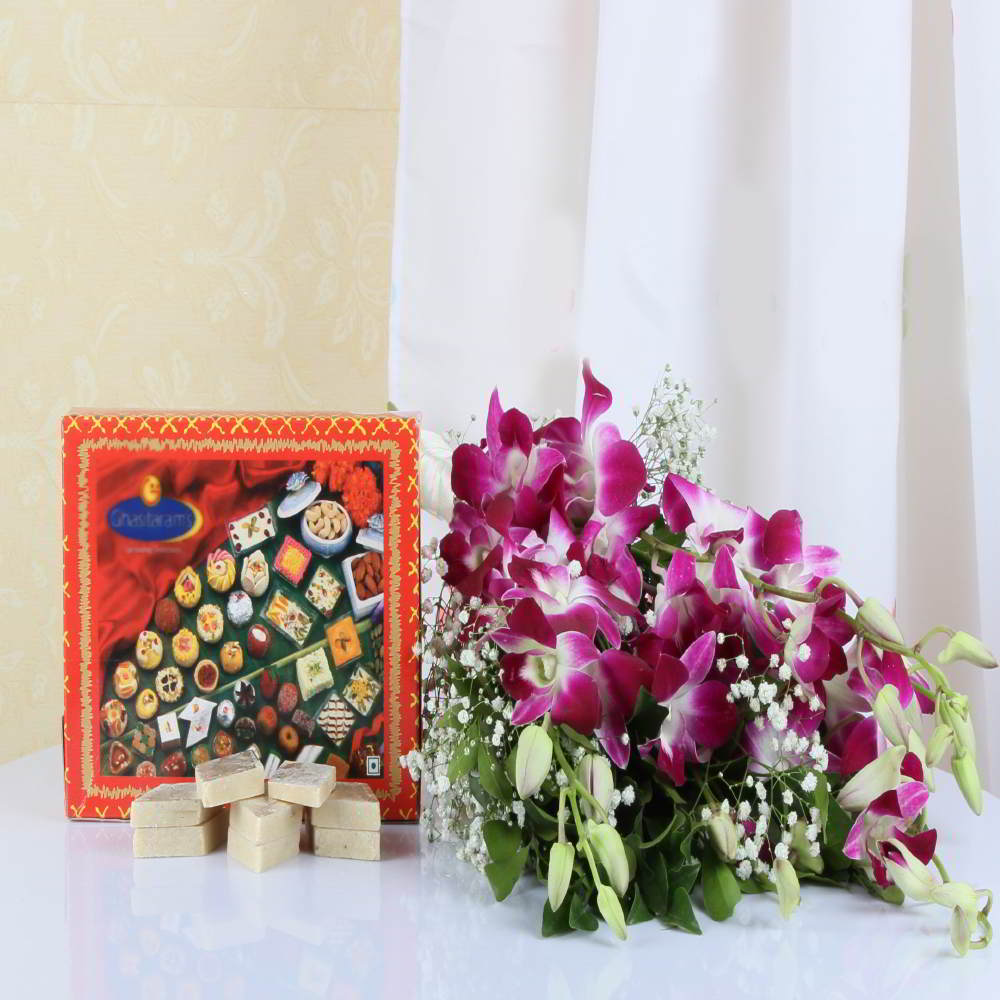 Ten Orchids Bouquet with Kaju Katli