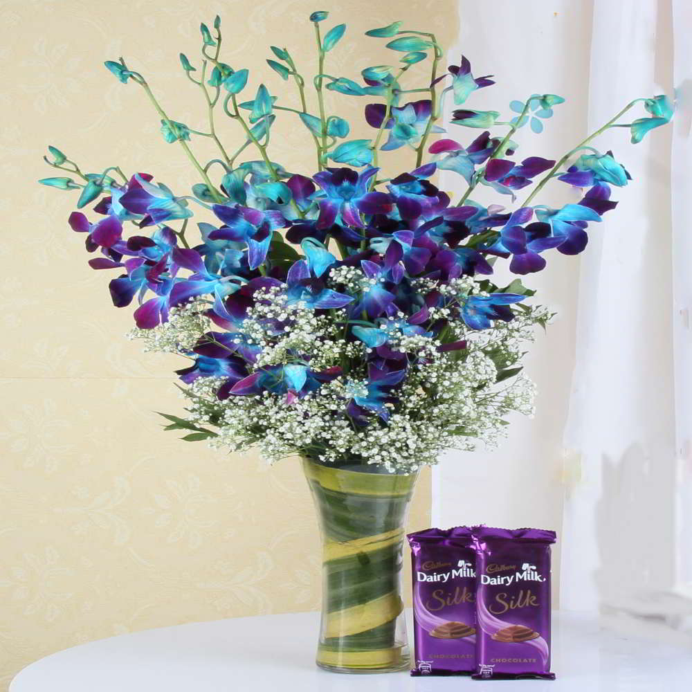 Cadbury Silk Chocolate with Blue Orchids Arrangement