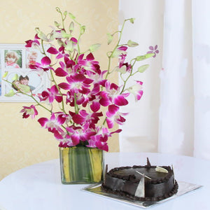 Chocolate cake with Orchids Arrangement