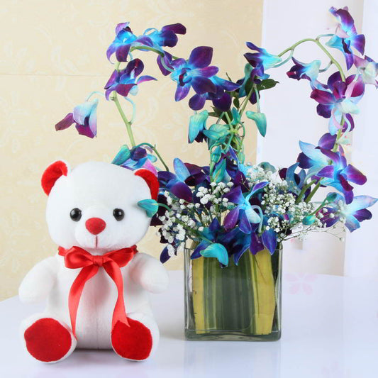 Teddy Bear of Designer Blue Orchids Arrangement