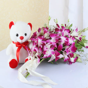 Eight Purple Orchids Bouquet with Teddy Bear