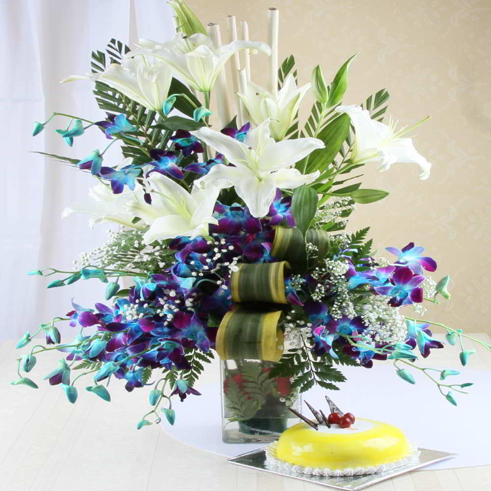 Pineapple Cake with Exotic Flowers Arrangement