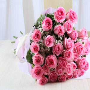 Pink Roses in Tissue Bouquet