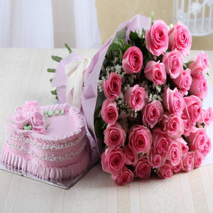 Pink Roses in Tissue Bouquet with Strawberry Cake