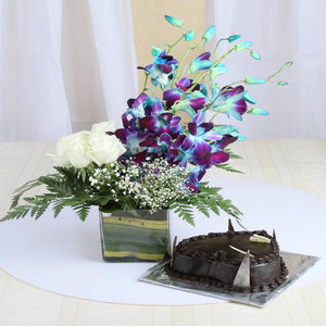 Heart Shape Chocolate Cake with Exotic Vase Arrangement