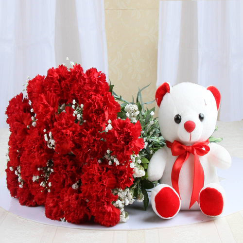 Teddy Bear with Red Carnation Bouquet