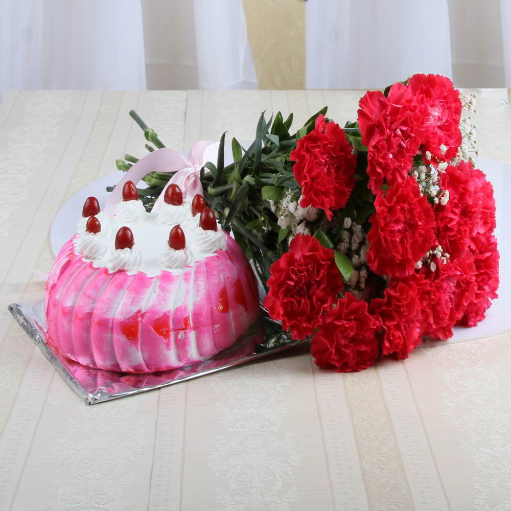 Strawberry Cake with One Dozen Carnation Bouquet