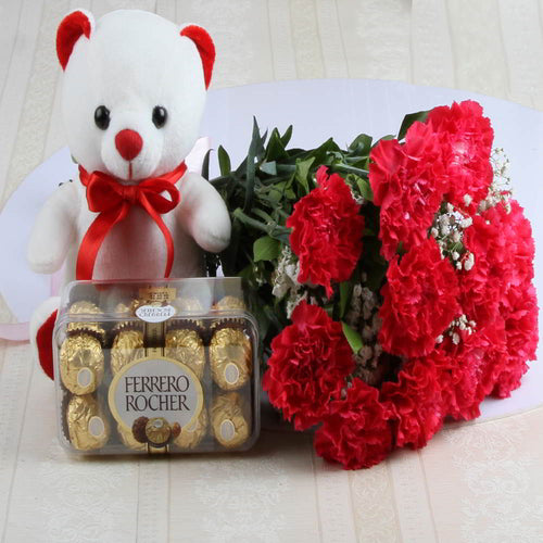 Teddy with Ferrero Rocher Chocolate and Carnation Bouquet