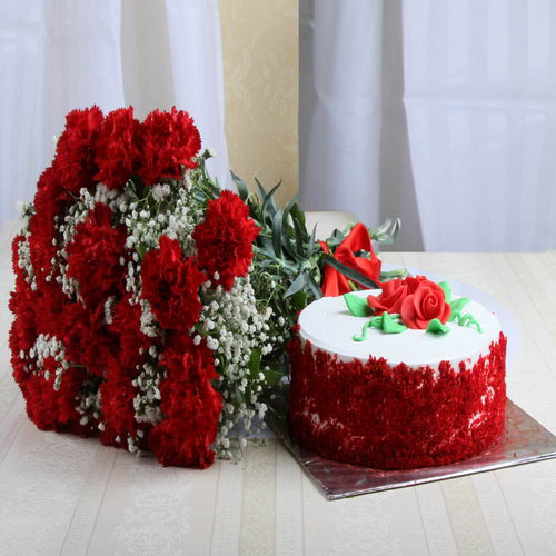 Red Velvet Cake with Red Carnation Bouquet