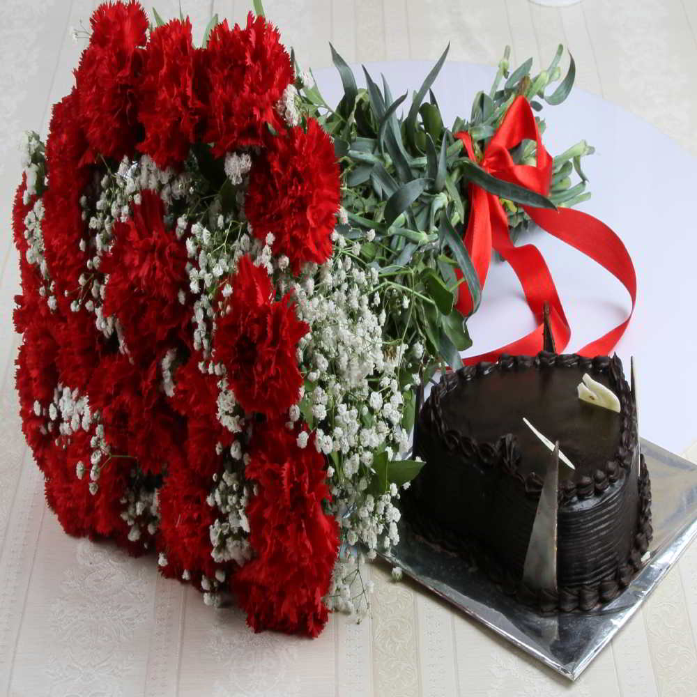 Heart Shape Chocolate Cake with Carnation Bouquet