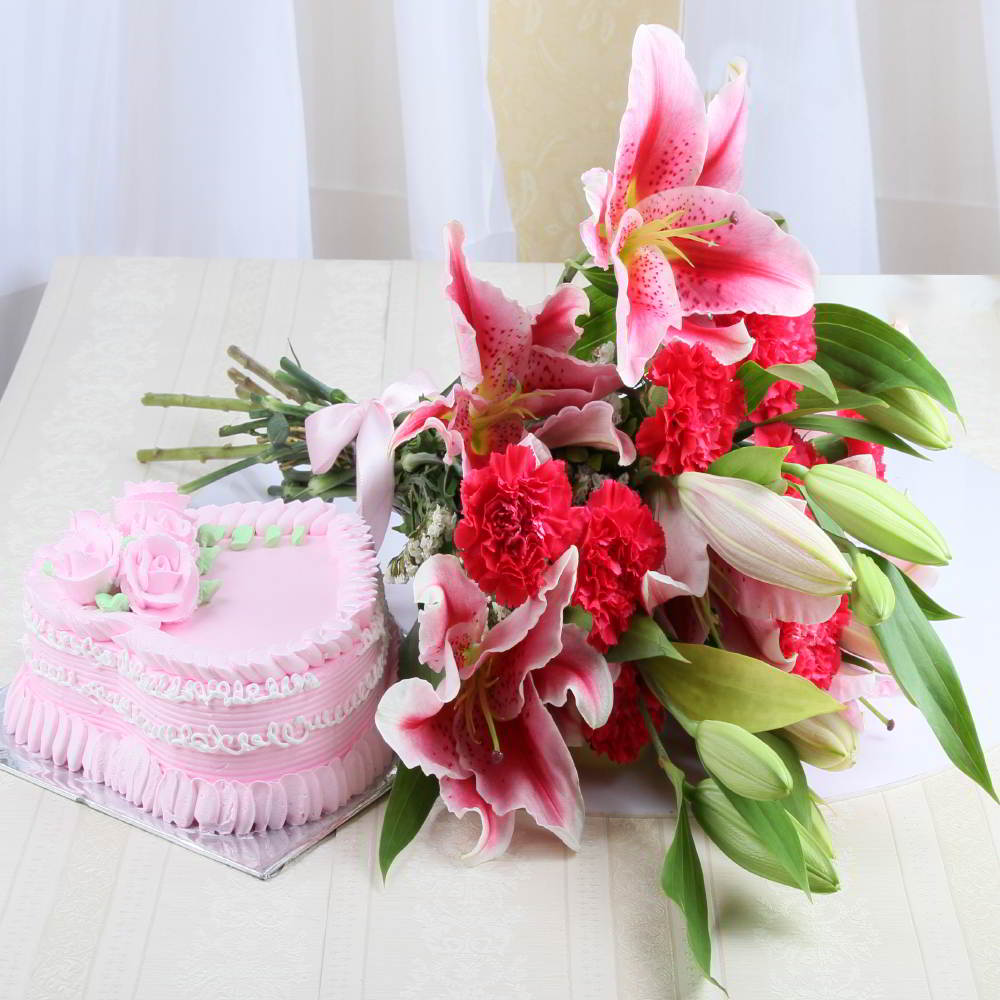 Strawberry Cake with Lilies and Carnation Bouquet