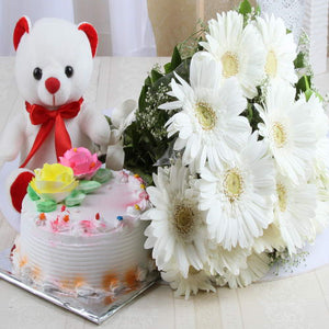 Vanilla Cake with Gerberas Bouquet and Teddy Bear