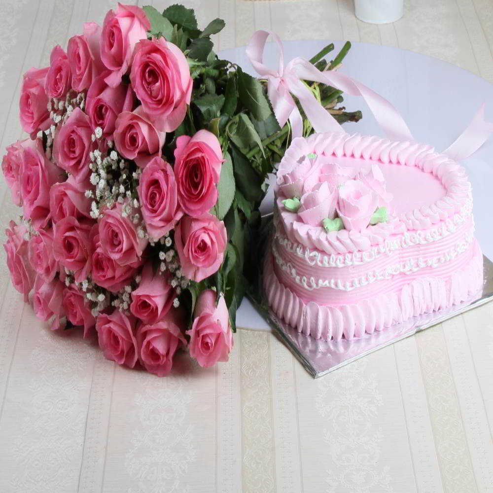 Pink Roses with Heart Shape Strawberry Cake