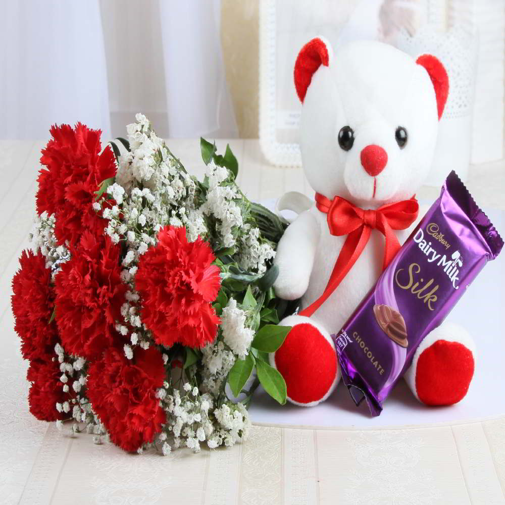 Teddy Bear with Silk Chocolate and Carnation Bouquet