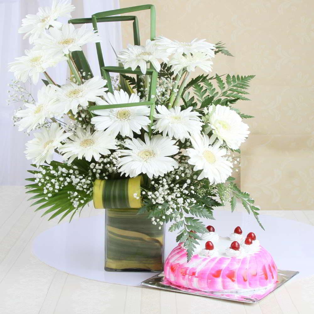 Strawberry Cake with Vase of White Gerberas