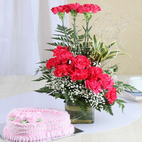 Strawberry Cake with Pink Carnation Arrangement