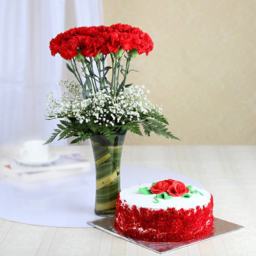 Red Velvet Cake with Carnation in Vase