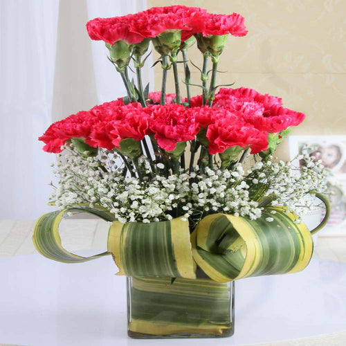 Two Layer Red Carnation Arrangement in Vase