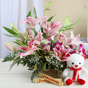 Toblerone Chocolate with Exotic Flowers Arrangement and Teddy Bear