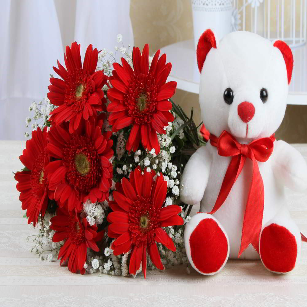 Teddy Bear with Red Gerberas Bouquet