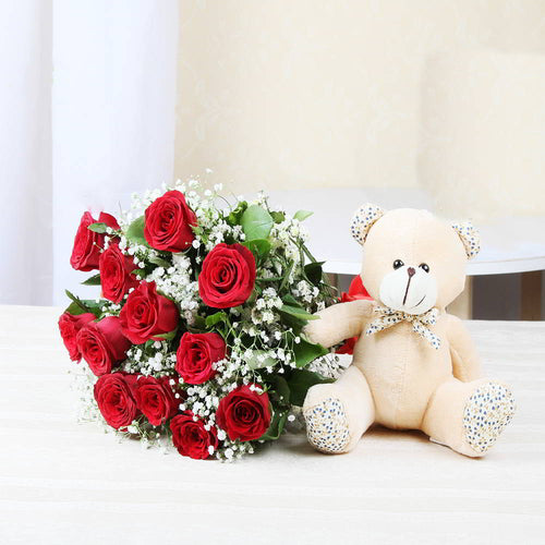 Twelve Red Roses and Teddy Bear
