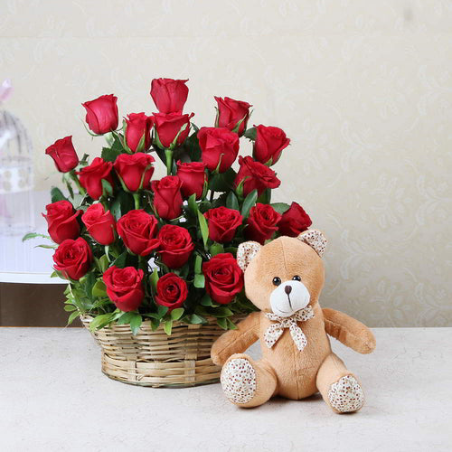 Red Roses Arrangement with Teddy Bear