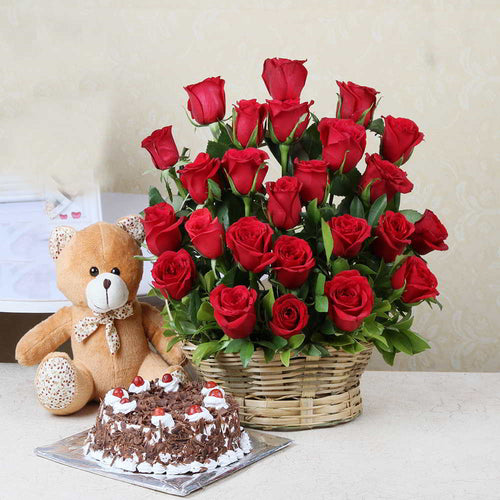 Black Forest Cake and Red Roses Arrangement with Teddy Bear