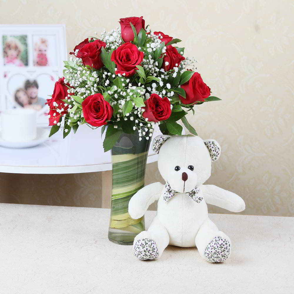 Vase of Red Roses with Teddy Bear