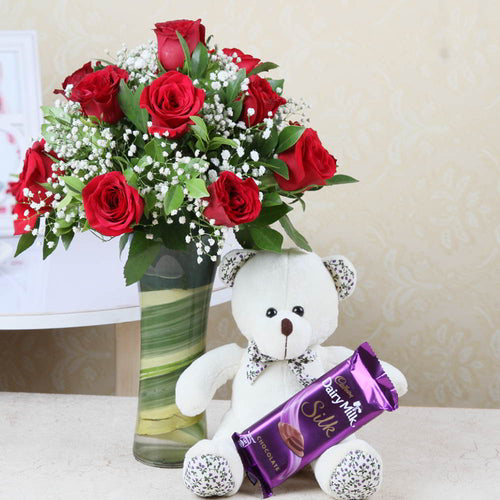 Vase of Red Roses with Teddy Bear and Chocolate