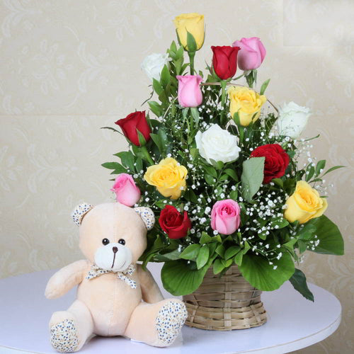 Mix Roses Arrangement with Teddy Bear