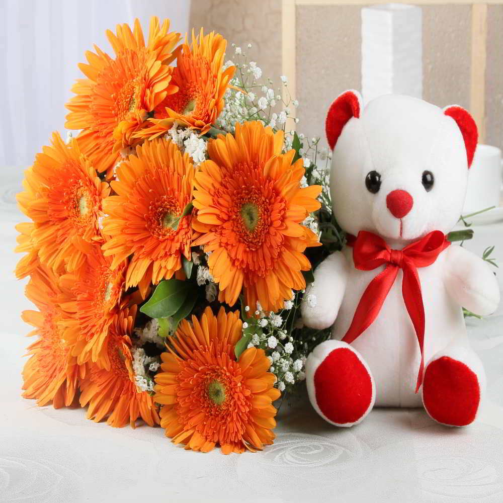 Ten Orange Gerberas Bunch with Teddy Bear