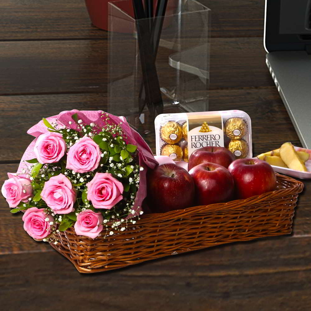 Apples Basket with Pink Roses Bouquet and Ferrero Rocher Chocolates