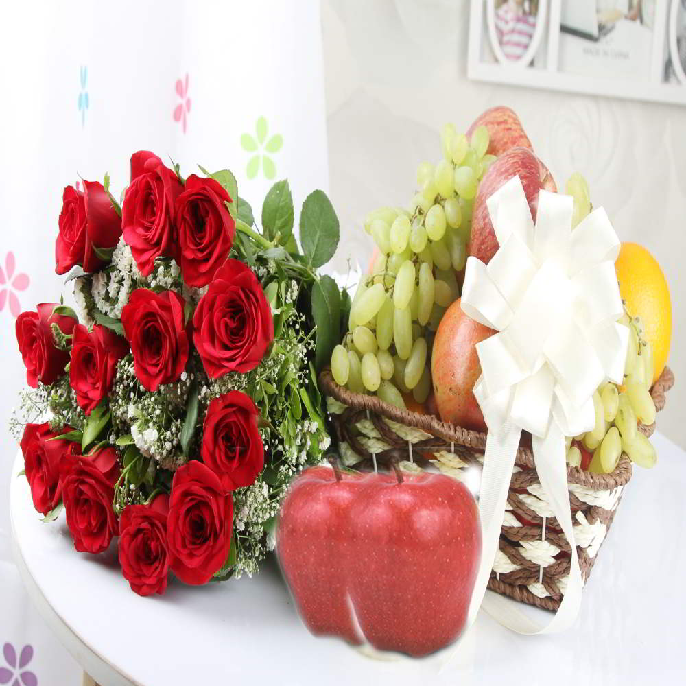 Dozen Red Roses Bouquet with Fresh Fruits Basket