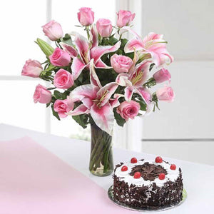 Exotic Pink Flowers Vase with Black Forest Cake