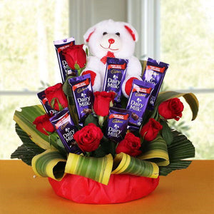 Basket of Red Roses and Chocolates with Teddy